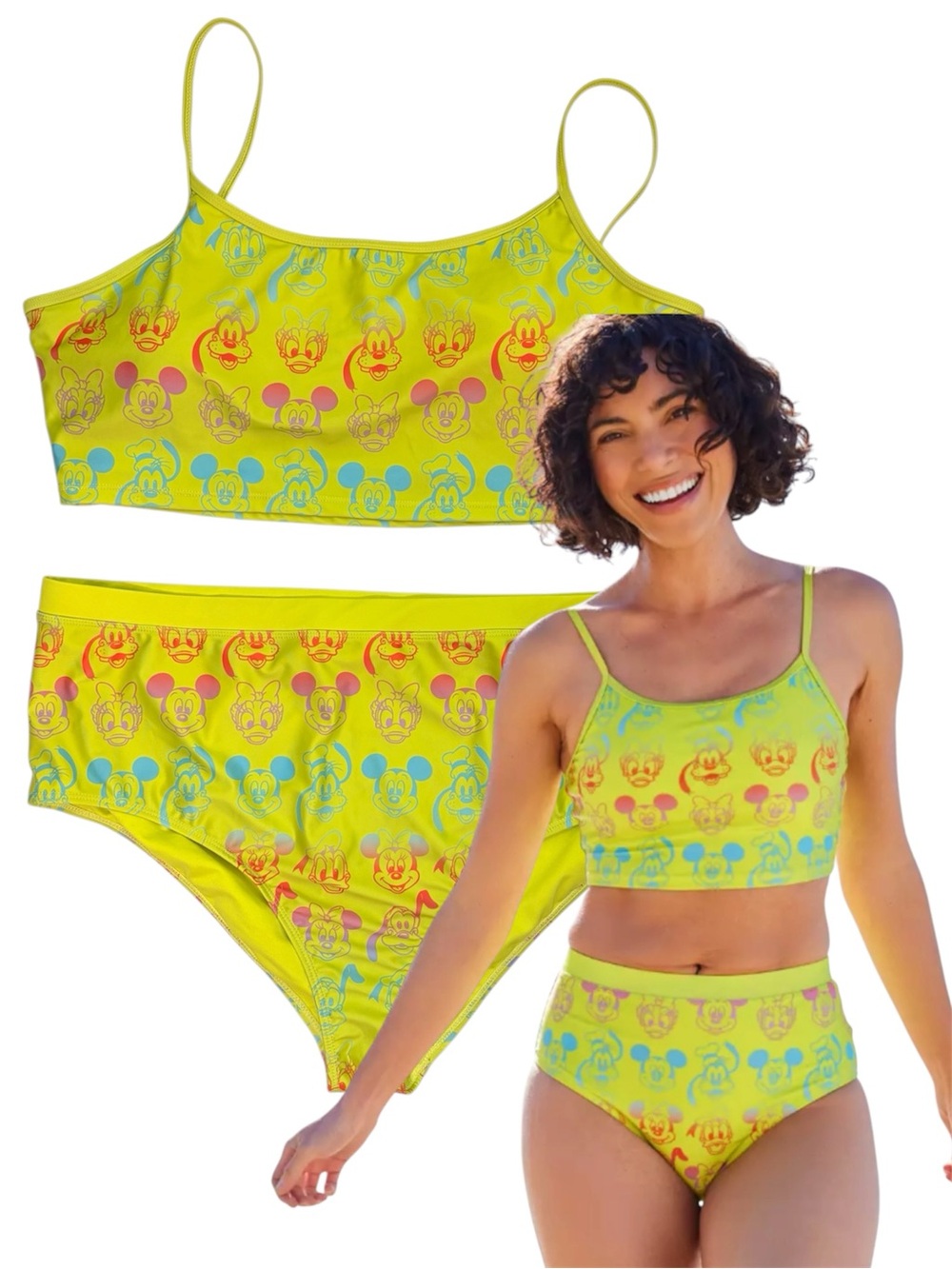 Disney Mickey Goofy Minnie Character Lime Yellow 2 Piece Bikini Swimsuit Size 1X